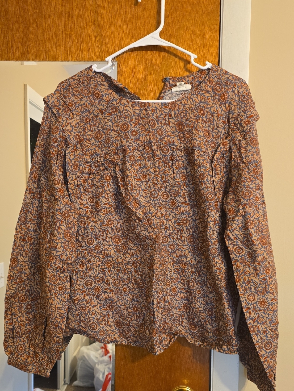a.n.a Floral Long-Sleeve Blouse in Brown and Blue